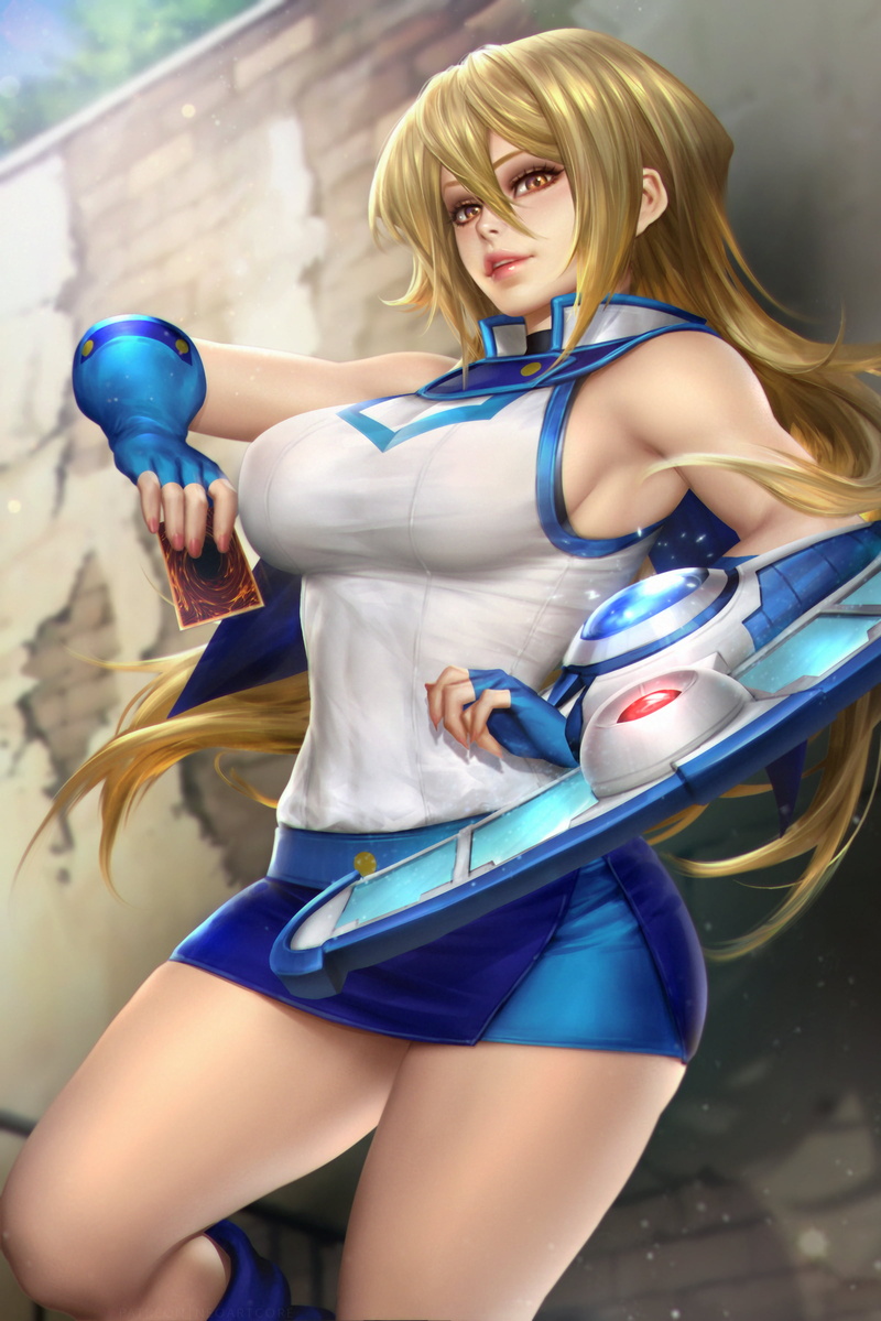 NeoArtCorE (artist), artwork, 2K, miniskirt, fan art, anime, drawing, vertical, 2D, looking at viewer, illustration, Alexis Rhodes, shirt, Yu-Gi-Oh, blonde