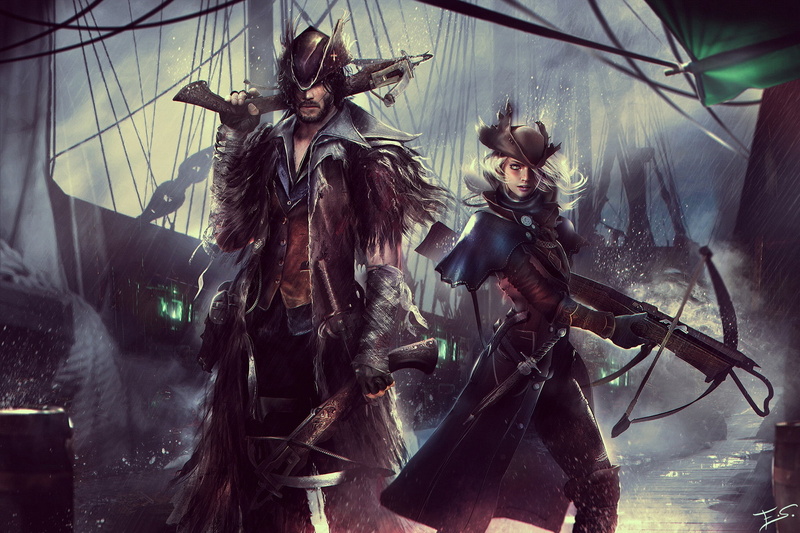 FromSoftware, hat, art, 1080P, crossbow, girl, hunter, bloodborne, male, SCE Japan Studio