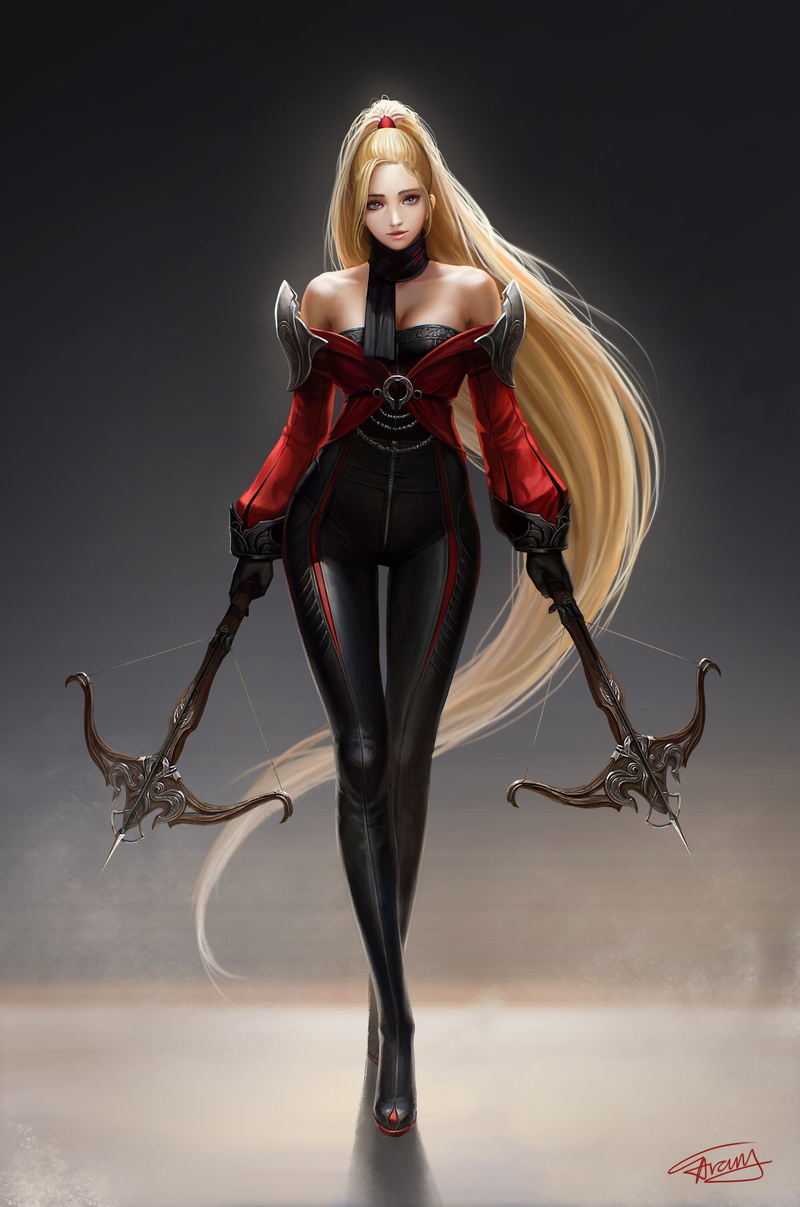 arang, game, digital, taekwon-kim, crossbow, characters, red, work, art, illustration, 2K, practice, painting, concept, fantasy, drawing