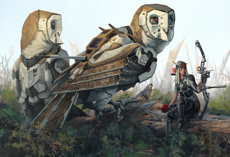  outdoors, bow, giant, horror, robot, digital, disguise, sky, woman, creativity, military, real people, two, full length, sculpture, war, Robert Chew