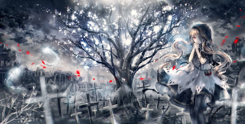 Tree, Anime, Graveyard, 1080P, Blonde, Red Eyes, Original, Night