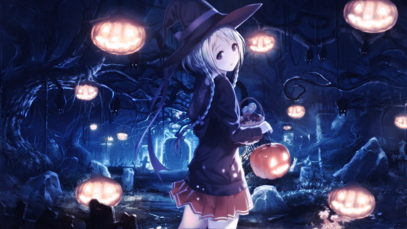 Halloween, white hair, pumpkin, trees, graveyards, bats, witch hat, witch, 1080P