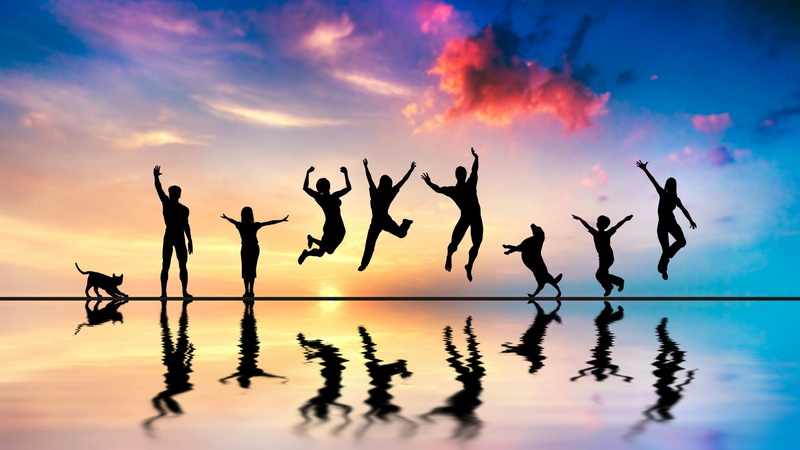 1080P, sunset, reflection, human arm, tranquil scene, people, togetherness, full length, nature, beauty in nature, human limb, jumping, limb, orange color