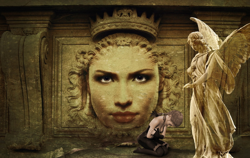 girl, looking at camera, gods, creativity, human representation, fantasy picture, mysterious, sculpture, entrance, women, day, male likeness, humility