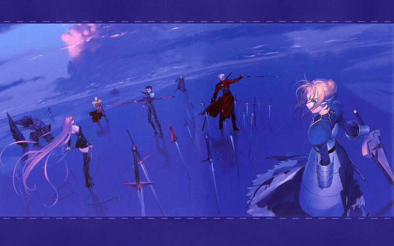 sport, swimming, Gilgamesh (Fate Series), Assassin (Fate/stay night), Saber (Fate Series), Lancer (Fate/Stay Night), sky, Fate Series, sea, arts culture and entertainment