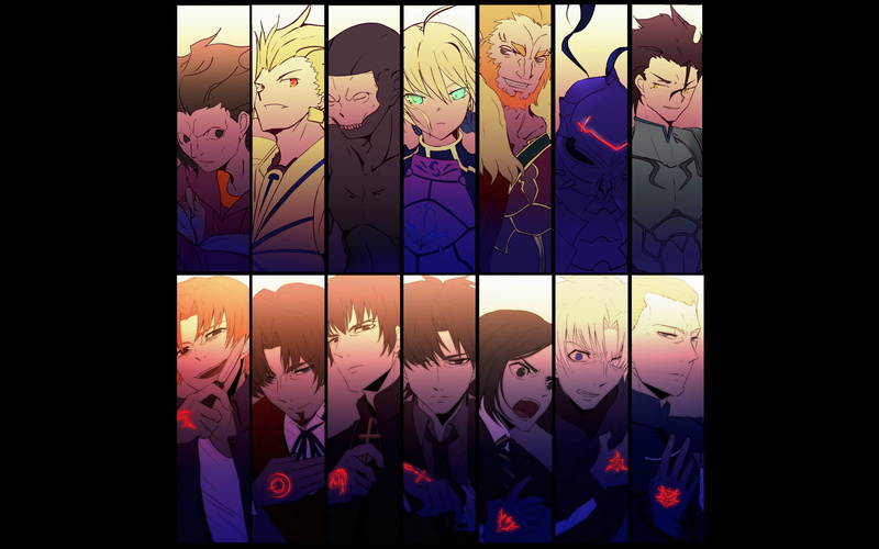 standing, Kirei Kotomine, side by side, men, adult, Assassin (Fate/Zero), creativity, illuminated, Lancer (Fate/Zero), pink color, Velvet Waver, night