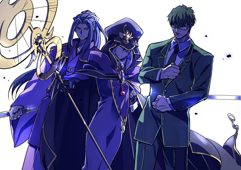 indoors, clothing, sky, purple, Assassin (Fate/Stay Night), blue, people, suit, Caster (Fate/Stay Night), day, Fate/Stay Night, sunlight, costume, nature