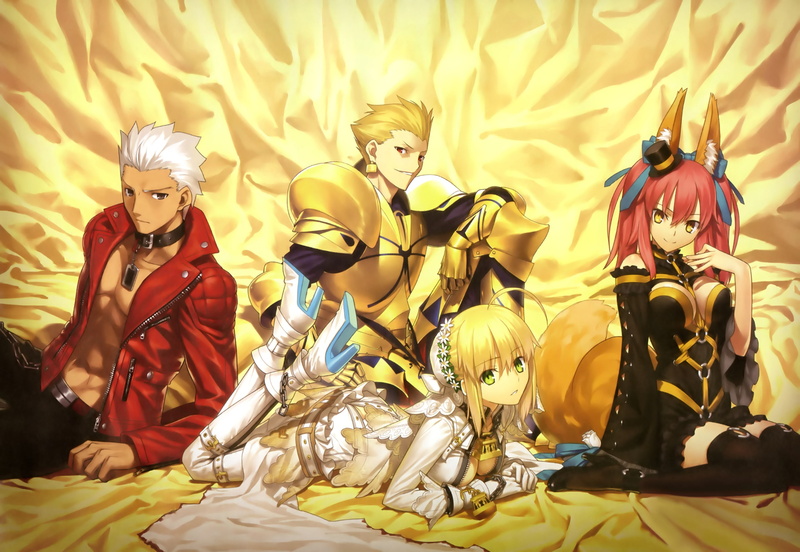 takashi, fate, cleavage, ears, archer, 2K, extra, saber, tail, caster, night, gilgamesh, takeuchi, bride, animal, thighhighs, scan, stay