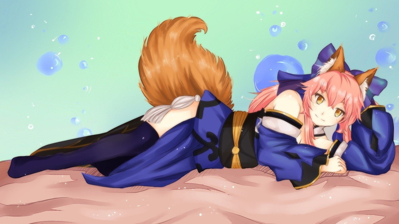 Lying Down, Tail, Smile, Girl, Fate/Stay Night, Animal Ears, Thigh Highs, Kimono, Fate Series, Caster (Fate/Extra), Fate/Extra, 1080P, Anime, Dress