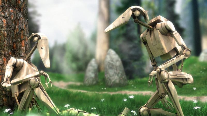 metal, digital art, CGI, tree, grass, nautical vessel, 720P, water, two, birds, robot, mode of transportation, render, day, Star Wars: The Phantom Menace
