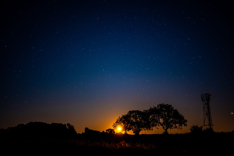 rural, dark, trees, plant, environment, space, sun, idyllic, astronomy, landscape, star, night, country, sky, 5K, star field, tree, galaxy, sunset, tranquil scene