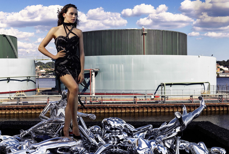 actress, Daisy Ridley, statue, architecture, green eyes, standing, black dress, industry, junkyard, real people, outdoors, mode of transportation, sky