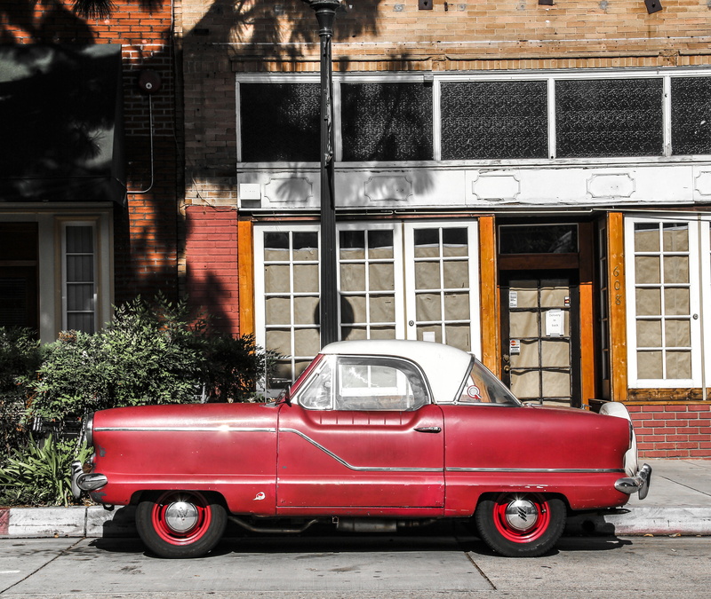 city, red car, window, red, transportation, garage, land vehicle, los angeles, no people, car, architecture, little car, two tone, 4K, built structure