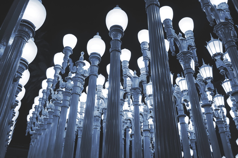gray, 5K, side by side, ornate, los angeles county museum of art, night light, gas lamp, low angle view, no people, repetition, illuminated, glowing, history