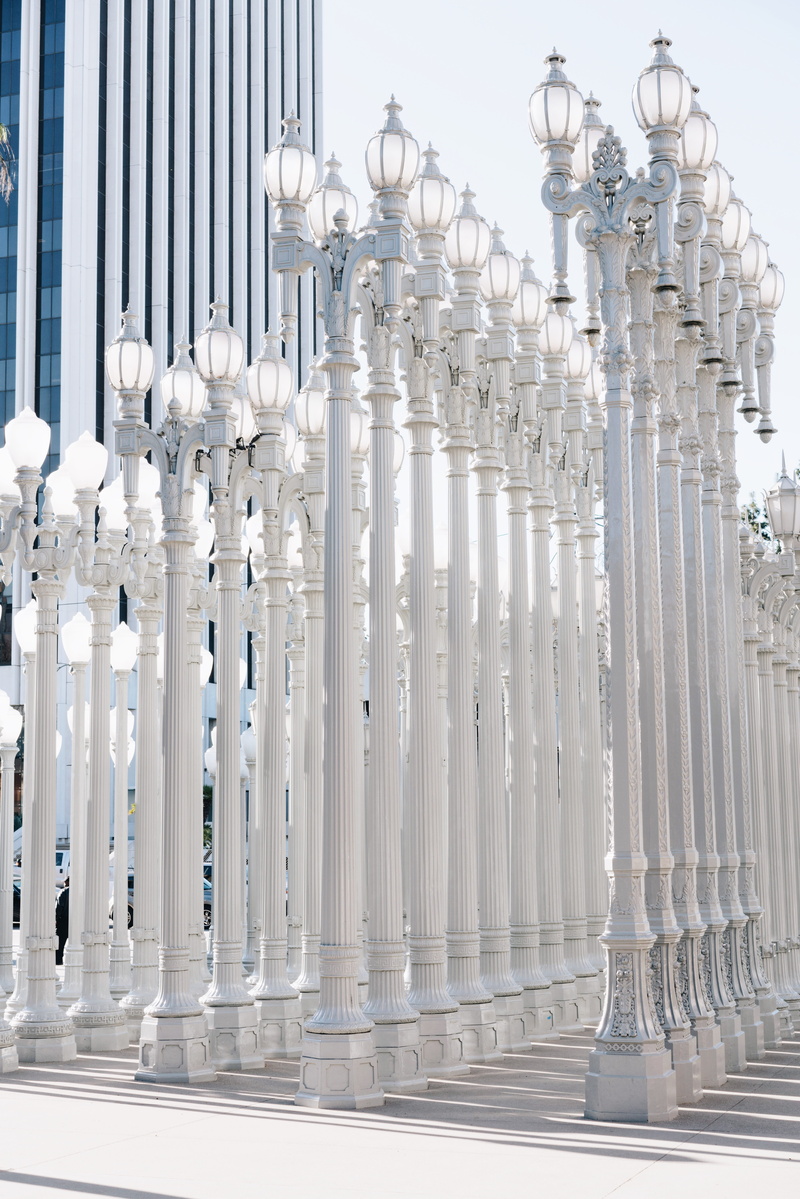 united states, architectural column, 8K, lighting equipment, outdoors, building exterior, travel, sky, los angeles, tourism, in a row, los angeles county museum of art