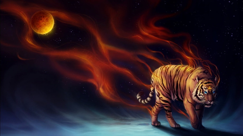 720P, nature, digital composite, sea, big cat, animals in the wild, mouth open, water, no people, red, aura, night, animal, aggression, feline