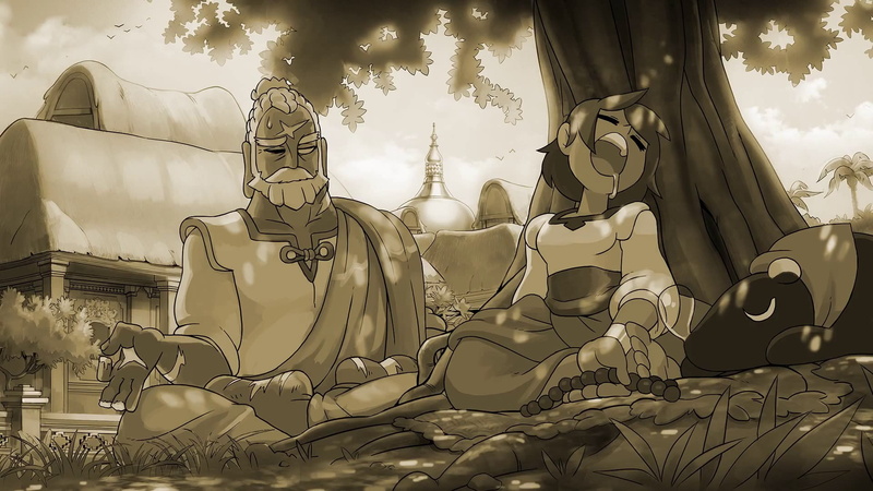 sleeping, Ajna, monochrome, 1080P, fantasy art, video game art, trees, video game characters, artwork, screen shot, Indivisible, RPG, meditation, Lab Zero