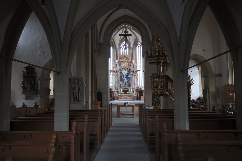 no people, ceiling, architecture, protestant, day, altar, glass, hdr, schweinfurt, silent, faith, bench, religion, indoors, seat, st john, arch, evangelical church