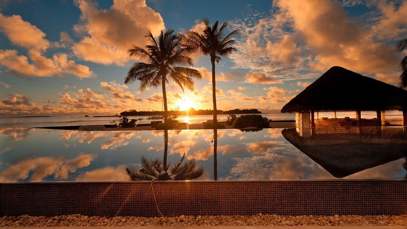 outdoors, reflection, no people, palm tree, cloud - sky, sea, water, sky, tree, scenics - nature, nature, 1080P, shore, palms, pool, beauty in nature