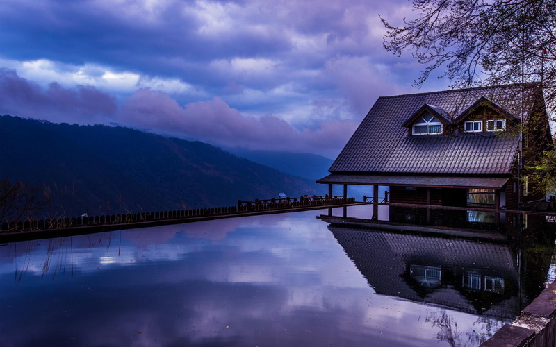 1080P, sunset, cabin, infinity, 1920x1200, nature, pool, mountain, brown, cloud