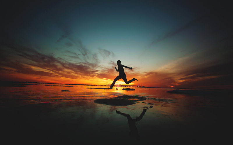 4K, reflections, sunset, mood, Shadow, Dusk Beach, running, silhouette, ocean