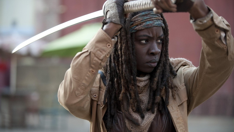 day, Michonne (The Walking Dead), TV Show, The Walking Dead, scarf, looking away, beautiful woman, portrait, hairstyle, looking, headshot, 1080P, contemplation