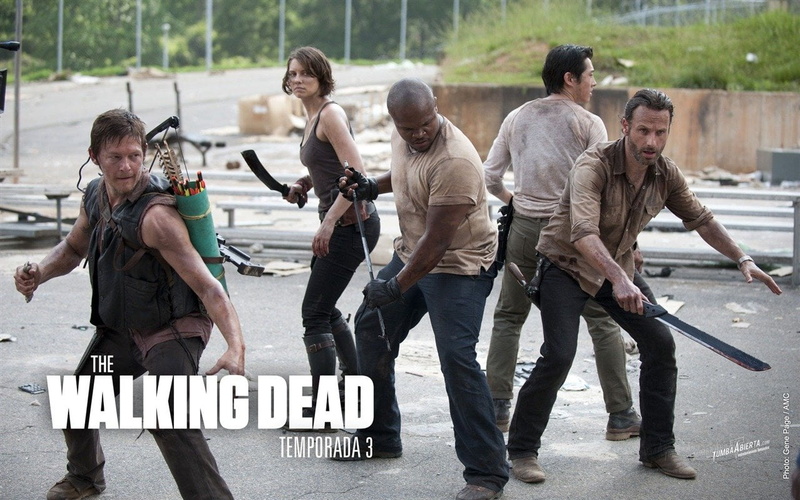Daryl Dixon, Glenn Rhee, focus on foreground, city, men, western script, adult, day, 720P, holding, The Walking Dead, communication, road, standing, teenager