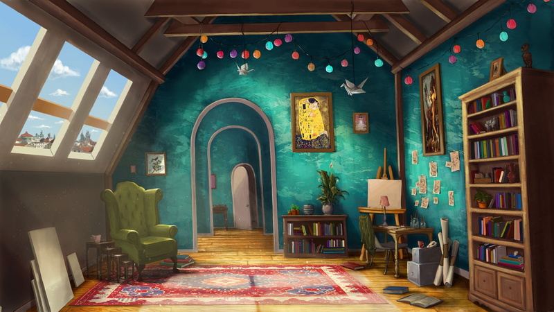 interior, home, window, living room, table, built structure, electric lamp, painting, building, chair, artwork, flooring, furniture, Daughter of Smoke and Bone