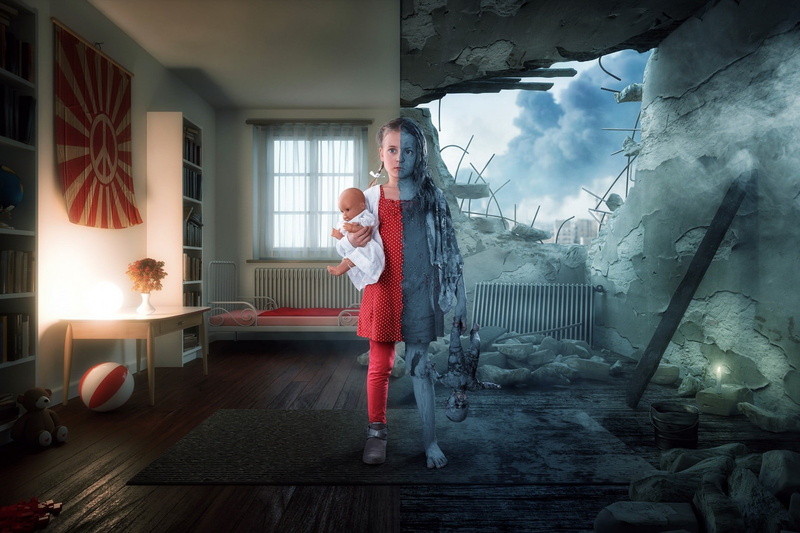 day, togetherness, ruin, puppets, emotion, parent, wood, standing, war, interior, 1080P, red, shirt, indoors, collage, son, males, full length, females