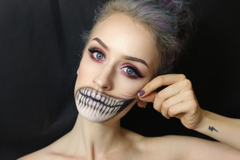 human body part, Halloween, model, glamour, blue eyes, human face, 2K, one person, black background, makeup, adult, make-up, young adult, looking at camera