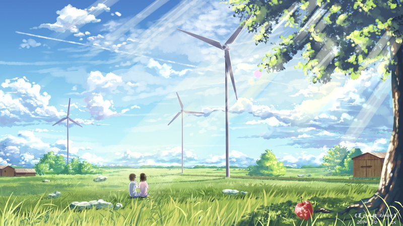 grass, growth, green color, outdoors, men, 1080P, nature, cloud - sky, sitting, sunlight, windmills, tree, rural scene, real people, painting, landscape