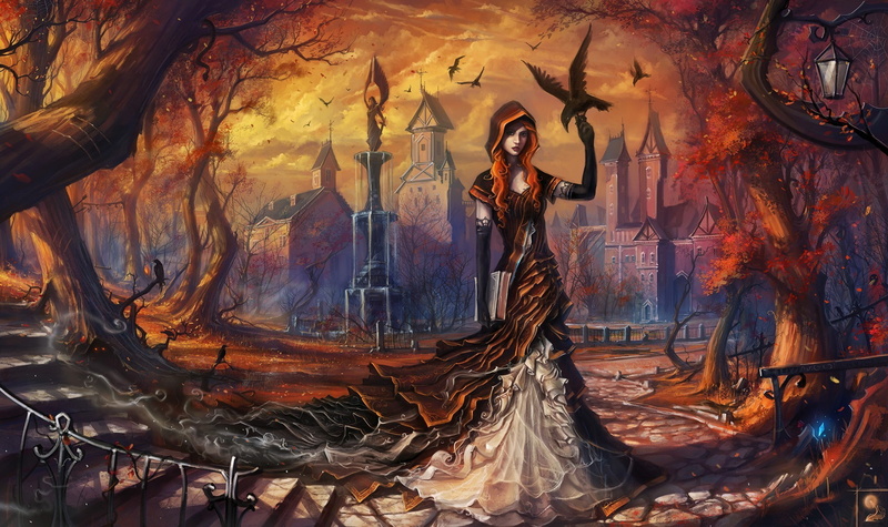 crow, haryarti, painting, 1080P, fountain, hoods, artwork, village