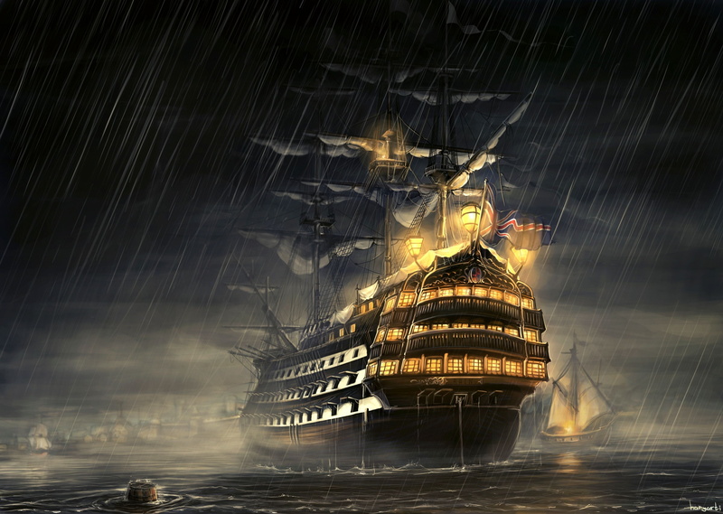 port, ship, rain, sea, sail, artwork, Clouds, 2K, haryarti, english, art, england, night, ships, hd