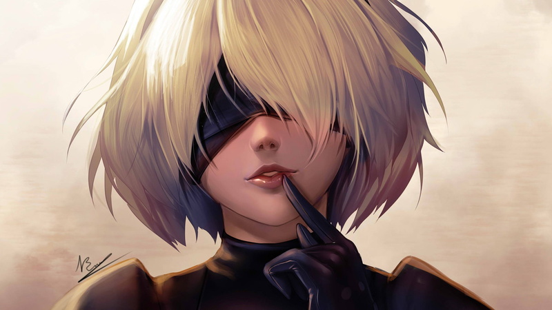 1080P, Nier: Automata, NieR, 2B (Nier: Automata), blindfold, white hair