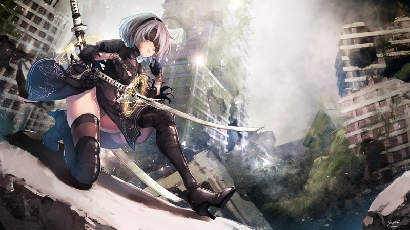 2B (Nier: Automata), katana, Nier: Automata, 1080P, NieR, blindfold