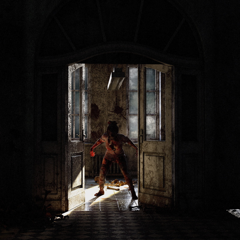blood, monster, bone, undead, 2K, bloody, architecture, skull, young adult, full length, built structure, accident, indoors, casual clothing, door, injured