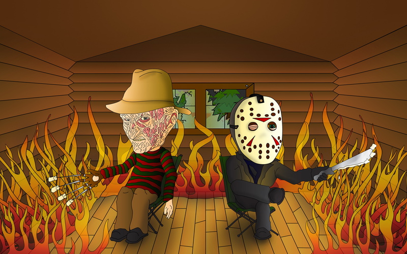standing, women, indoors, adult, domestic animals, clothing, humor, jason voorhees freddy krueger artwork humor fire, full length, two people, 4K, digital composite
