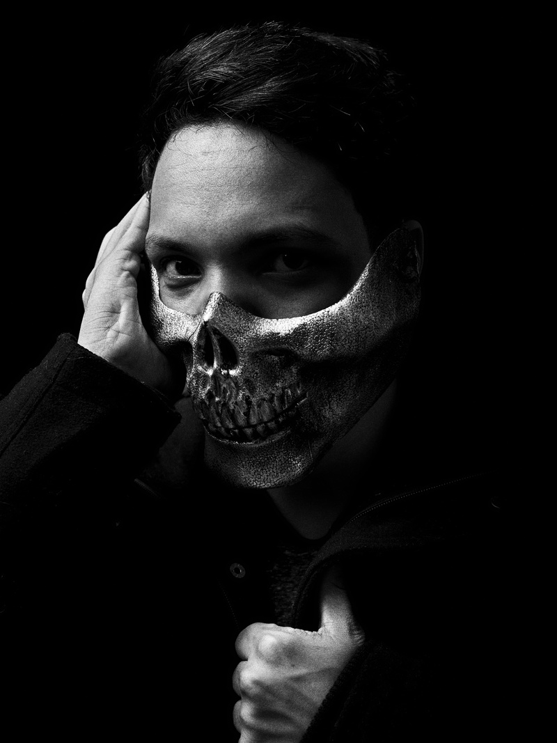 headshot, skull, young men, front view, guy, beard, person, facial hair, dark, aggression, black background, wearing, skull mask, young adult, looking at camera