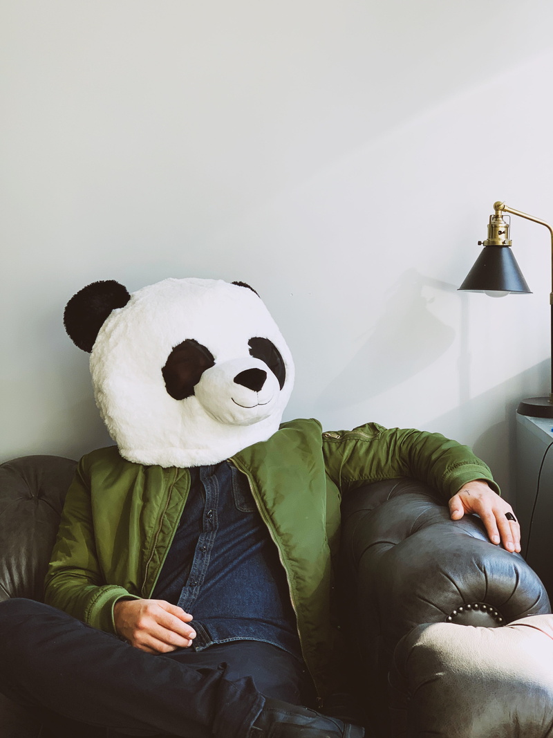 sitting, representation, black and white, panda, panda head, portrait, person, costume, sofa, one person, home interior, real people, interior, man, leisure activity
