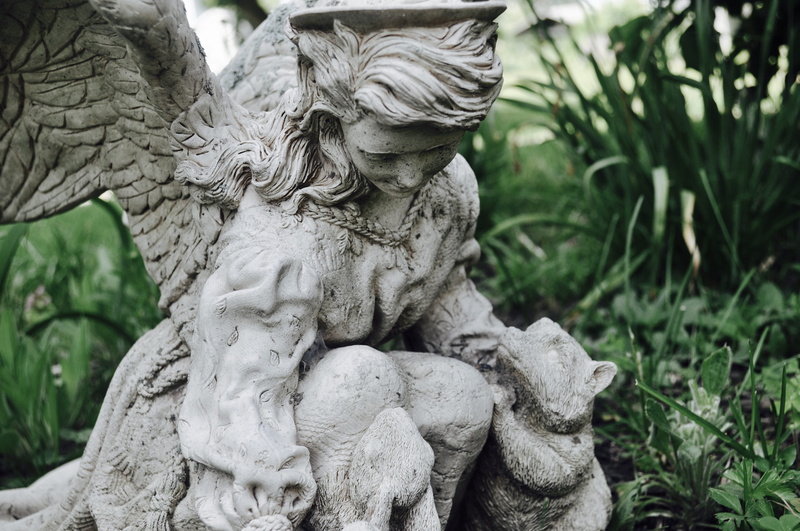 statue, day, united states, growth, woodbine avenue, dog, nature, love, animals, green, leaves, outdoors, female likeness, peace, wings, park - man made space