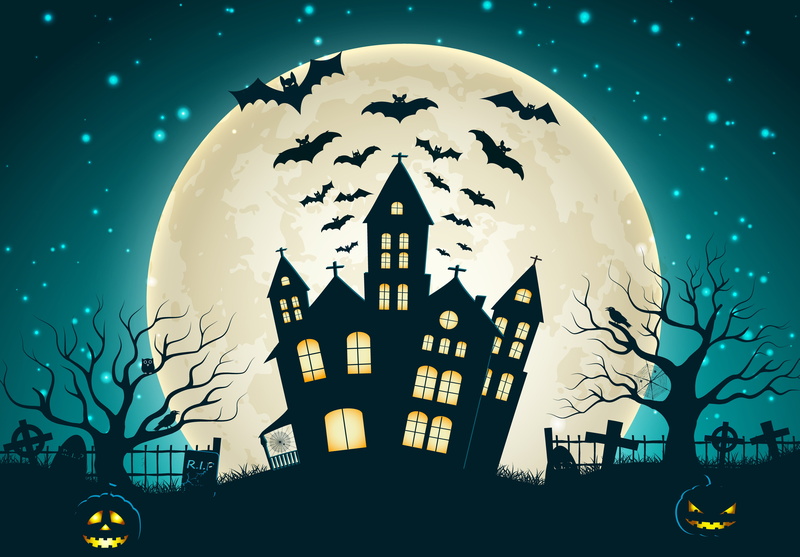 Pumpkins. 4K, Full moon, Bats, 4K, Scary house
