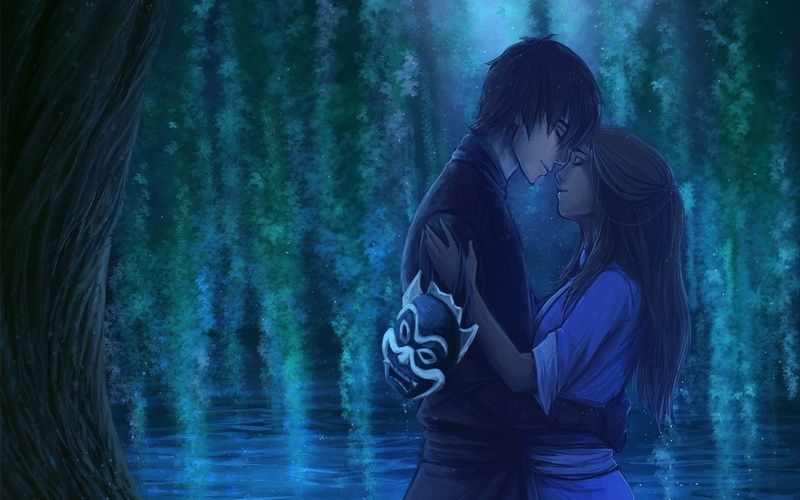 mask, love, night, katara, zuko, 1080P, man, wood, art, couple, girl, water