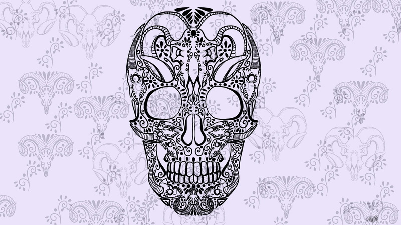 calavera, skull, portrait, floral pattern, body part, black, close-up, design, pattern, shape, craft, indoors, human face, sketch, 1080P, artwork, digital art