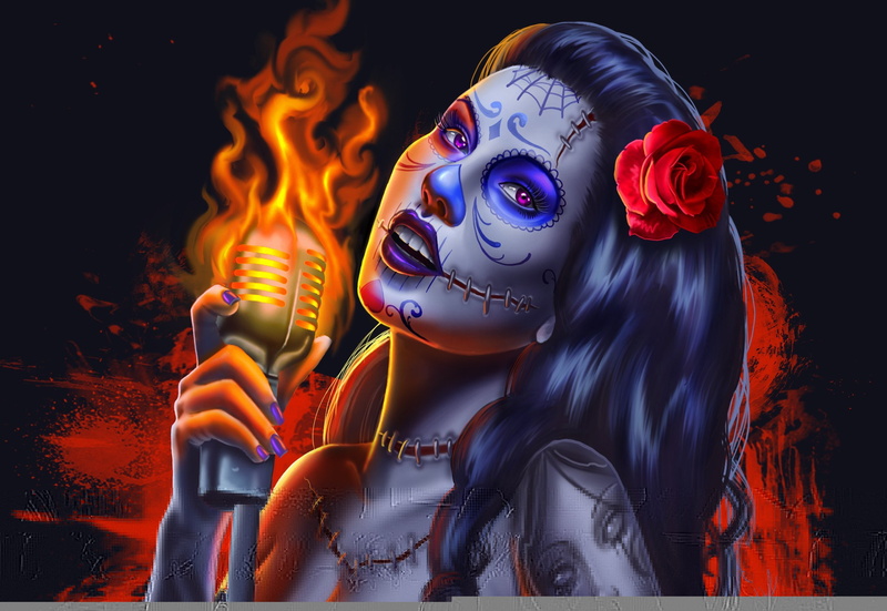 tattoo, seams, hand, paint, rose, hair, woman, microphone, art, look, body, face, 1080P, background, girl, fire, digital, calavera