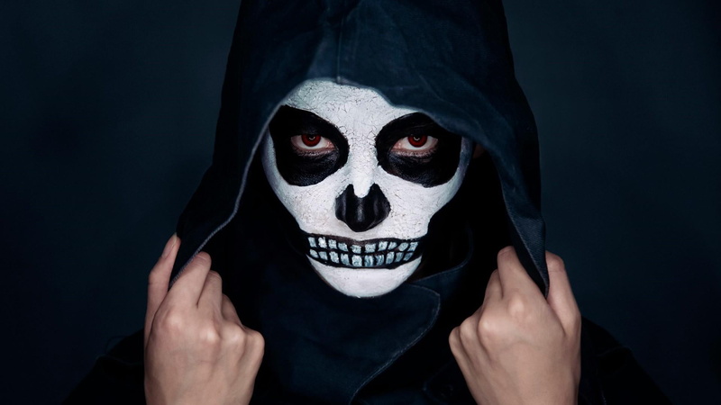 hood - clothing, evil, costume, portrait, looking at camera, darkness, one person, halloween, disguise, mask - disguise, art, spooky, makeup, celebration