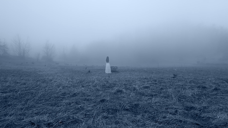 beauty in nature, spooky, Mystery, landscape, women, nature, fog, non-urban scene, warm clothing, horror, winter, snow, land, remote, sky, field, tree