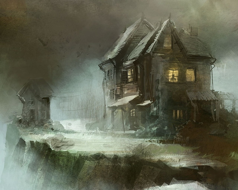 home, nature, window, abandoned, built structure, history, building exterior, spooky, old, painting, day, architecture, gray, fantasy art, obsolete, run-down