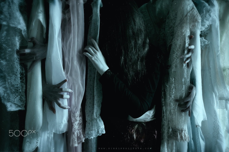 500px, dress, spooky, Shirø Igarashi, hands, fashion, textile, hanging, dark fantasy, dark, standing, real people, people, indoors, day, midsection, casual clothing
