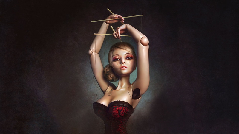 fashion, creativity, beauty, studio shot, black background, clothing, adult, females, puppets, beautiful people, young adult, elegance, Toy, 1080P, one person