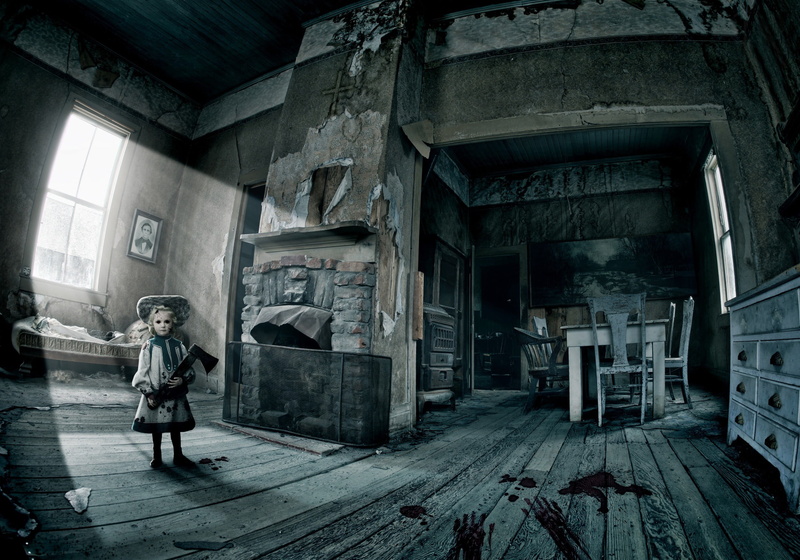 building, women, doll, leisure activity, one person, history, indoors, axe, 1080P, architecture, rear view, spooky, girl, standing, old, real people, deterioration